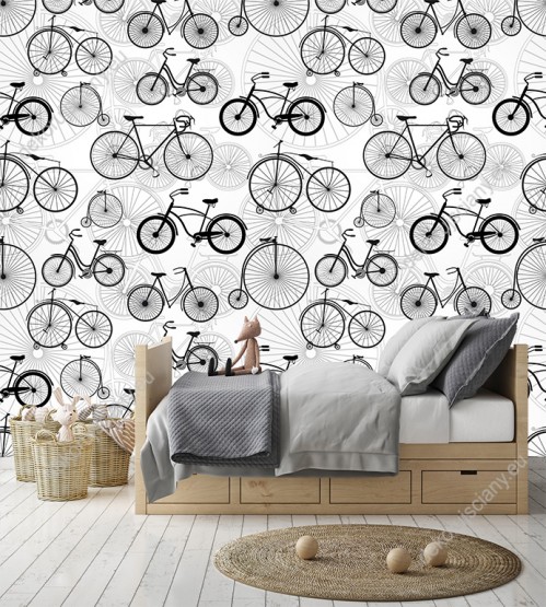 Wizualizacja tapety na ścianę do pokoju dziennego, dziecięcego, młodzieżowego, sypialni. Tapeta w czarne rowery, na białym tle.