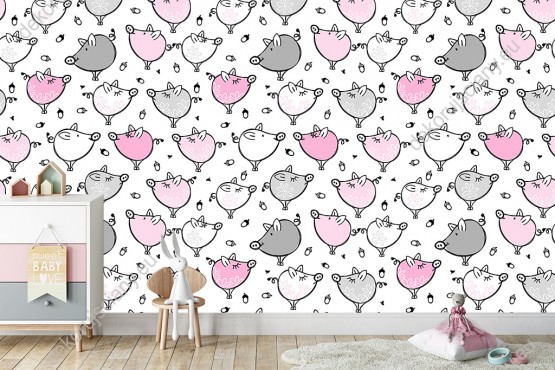Wizualizacja tapety na ścianę do pokoju dziecięcego. Tapeta z rodziną śmiesznych różowych, białych i szarych świnek, na białym tle.