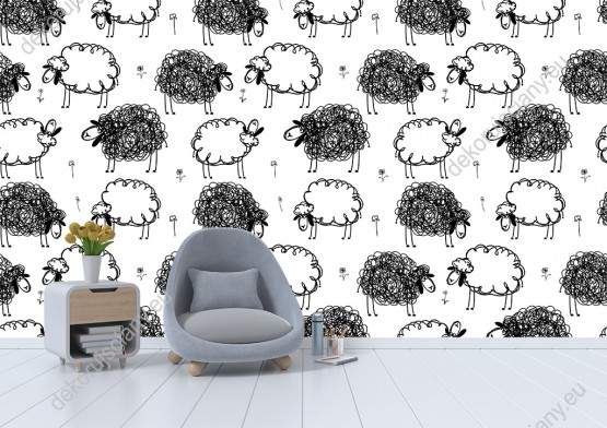 Wizualizacja tapety na ścianę do pokoju dziecięcego i młodzieżowego. Tapeta w zabawne białe i czarne owce na łące.