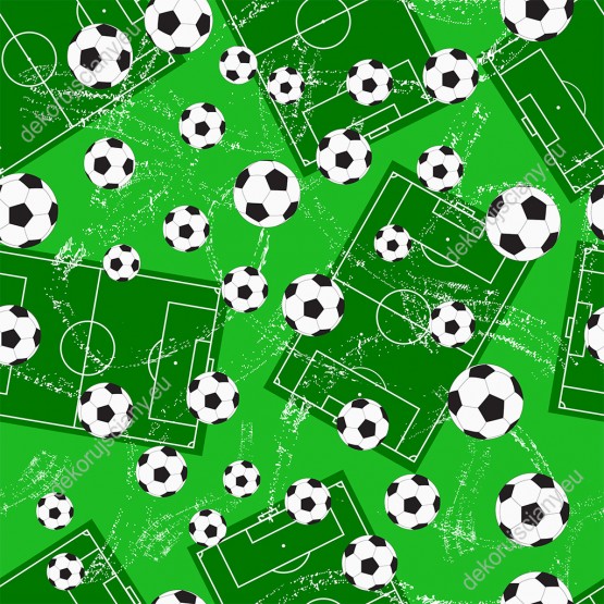 Wizualizacja tapety na ścianę do pokoju dziennego, dziecięcego, młodzieżowego. Tapeta prezentuje piłki na zielonym tle boiska.