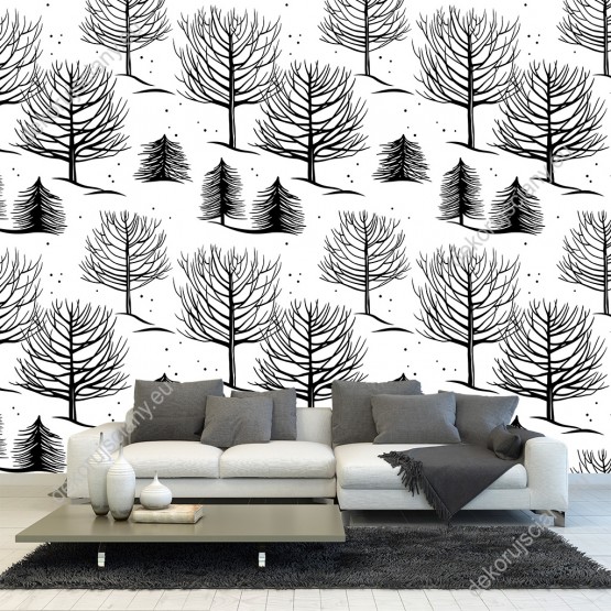 Wizualizacja tapety na ścianę do pokoju dziennego, sypialni, salonu, przedpokoju, biura. Tapeta przedstawia las w zimowej scenerii, czarne drzewa, tle białego śniegu.