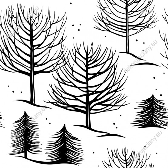 Wizualizacja tapety na ścianę do pokoju dziennego, sypialni, salonu, przedpokoju, biura. Tapeta przedstawia las w zimowej scenerii, czarne drzewa, tle białego śniegu.