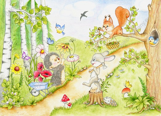Wzornik fototapety do pokoju dziecięcego z motywem polany leśnej, gdzie jeż, królik i wiewiórka mile spędzają czas. Na wzorze fototapety są barwne kwiaty i drzewa brzozy.