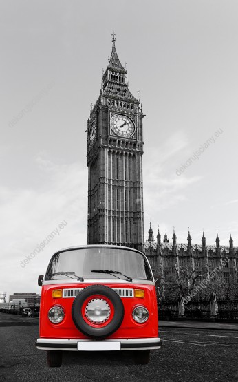 Wzornik fototapety z widokiem na czerwony samochód VW ogórek, na tle Big Bena w Londynie. Fototapeta do pokoju dziennego, młodzieżowego, sypialni, salonu, biura, gabinetu, przedpokoju i jadalni.