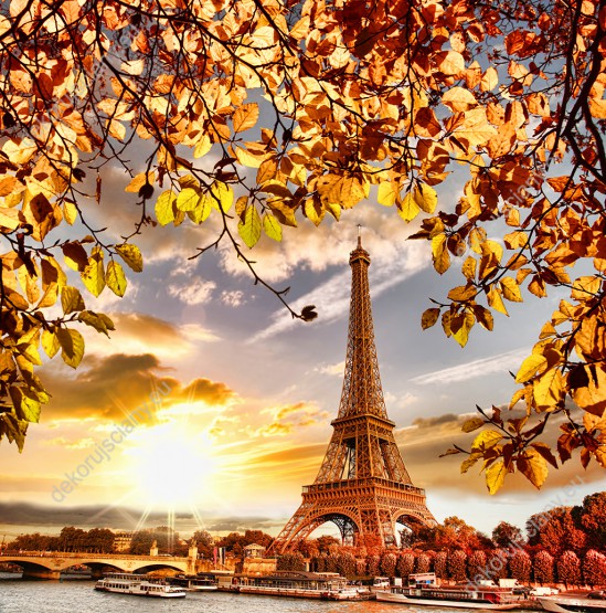 Wzornik fototapety z widokiem Wieży Eiffela w Paryżu podczas jesiennej aury. Fototapeta będzie ładnie wyglądała na ścianie w pokoju młodzieżowym, dziennym, salonie, sypialni, jadalni czy biurze.