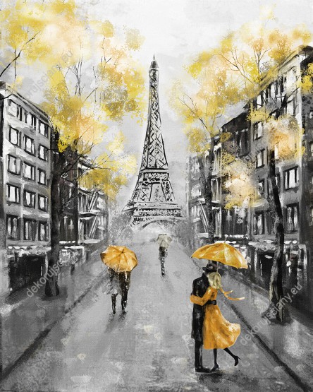 Wzornik, krajobraz europejskiego miasta Paryża z Wieżą Eiffla i spacerującymi ludźmi pod parasolami. 