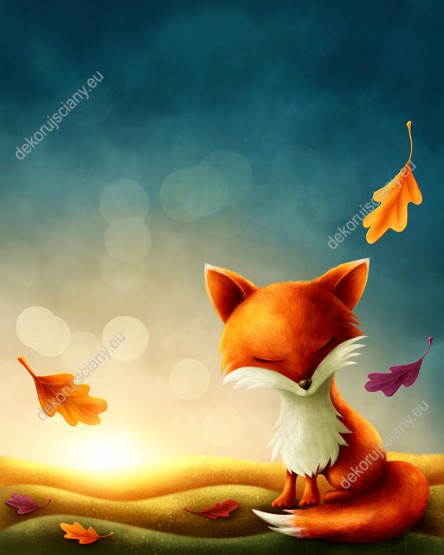 Wzornik fototapety przedstawia rudego liska w jesiennej aurze. Mały lisek śpi wśród barwnych, spadających liści. Fototapeta idealna do pokoju dziecięcego.
