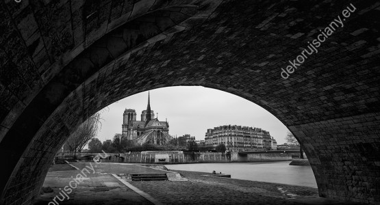 Wzornik czarno-białej fototapety z widokiem na katedrę Notre Dame w Paryżu. Fototapeta do pokoju dziennego, sypialni, salonu, biura, gabinetu, przedpokoju i jadalni.