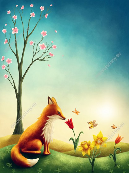 Wzornik fototapety do pokoju dziecięcego z wiosenną aurą przedstawiająca rudego lisa na łące, wśród wiosennych kwiatów i motyli.