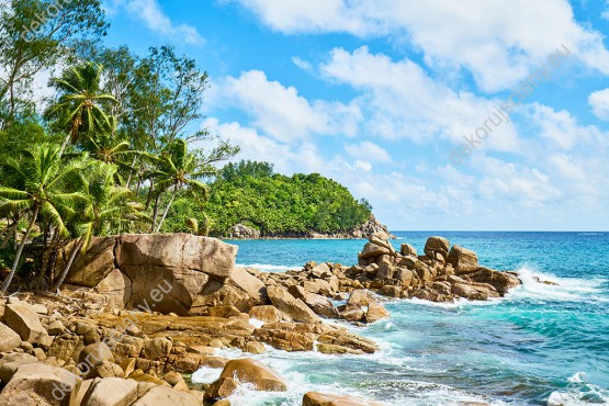 Wzornik fototapety z widokiem na kamienistą plażę z turkusową wodą i egzotycznymi palmami wśród granitowych skał. Fototapeta do pokoju dziennego, sypialni, salonu, biura, gabinetu, przedpokoju i jadalni.