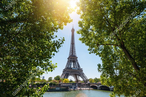 Wzornik pięknej fototapety z widokiem na Wieżę Eiffla nad rzeką Seine, wśród zielonych drzew, w Paryżu. Fototapeta do salonu, sypialni, pokoju dziennego, gabinetu, biura, przedpokoju.