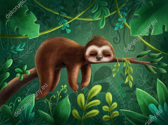 Wzornik fototapety do pokoju dziecięcego z leniwcem śpiącym na gałęzi drzewa, z motywem zielonej dżungli w tle.