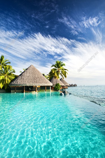 Wzornik fototapety z pięknym widokiem na basen i ocean tropikalny oraz palmy i egzotyczne domki. Fototapeta przeznaczona do salonu, sypialni, biura, gabinetu, przedpokoju.