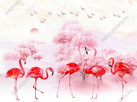 Wzornik fototapety w odcieniach różu do pokoju dziennego, dziecięcego, sypialni, salonu, biura. Flamingi brodzące w wodzie ma tle drzew i nieba z lecącymi ptakami.