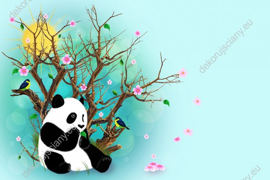 Wzornik fototapety do pokoju dziecięcego z motywem misia pandy siedzącego pod kwitnącym drzewem wiśni z turkusowym tłem.