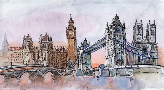 Wzornik fototapety przedstawia Big Ben i londyńskie mosty na malowanym farbami obrazie Anglii. Fototapeta do pokoju dziennego, młodzieżowego, sypialni, salonu, biura, gabinetu, przedpokoju i jadalni.