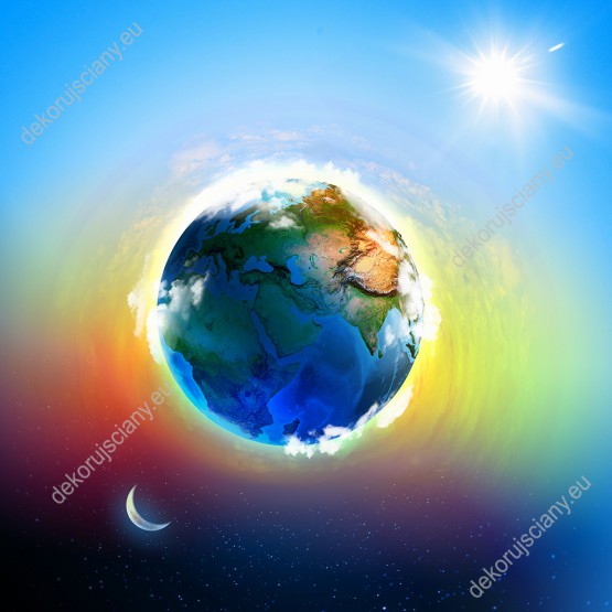 Wzornik fototapety do pokoju dziecięcego i młodzieżowego z planetą ziemią, słońcem i księżycem, na kolorowym tle.