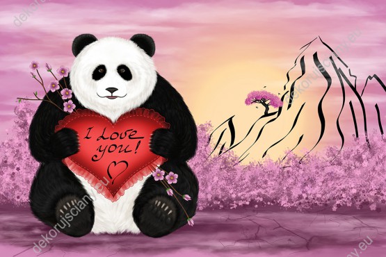 Wzornik fototapety z motywem japońskim przedstawia misia pandę trzymającego jedwabną poduszkę w kształcie serca z napisem Kocham Cię wśród różowych kwiatów wiśni i malowanej góry. Fototapeta do pokoju dziecięcego i młodzieżowego.