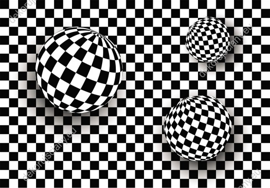 Wzornik fototapety z efektem 3D przedstawia szachowe kule na tle biało-czarnej kraty. Fototapeta do pokoju dziennego, młodzieżowego, sypialni, salonu, biura, gabinetu, przedpokoju i jadalni.