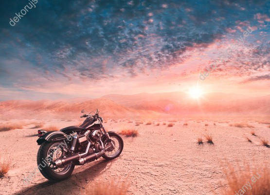 Wzornik obrazu przedstawiający motocykl na pustyni oświetlony promieniami zachodzącego słońca. Obraz do pokoju dziennego, młodzieżowego, sypialni, salonu, biura, gabinetu, przedpokoju i jadalni.