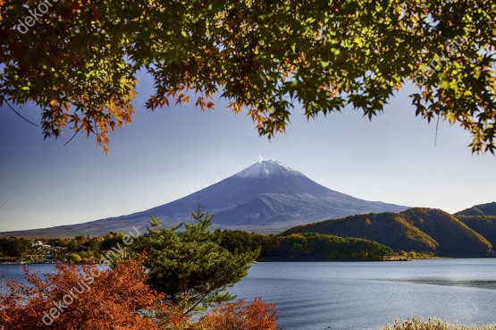 Wzornik obrazu z widokiem na jesienny krajobraz z widokiem na jezioro Kawaguchi i górę Fuji w Japonii. Obraz do pokoju dziennego, sypialni, salonu, biura, gabinetu, przedpokoju i jadalni.