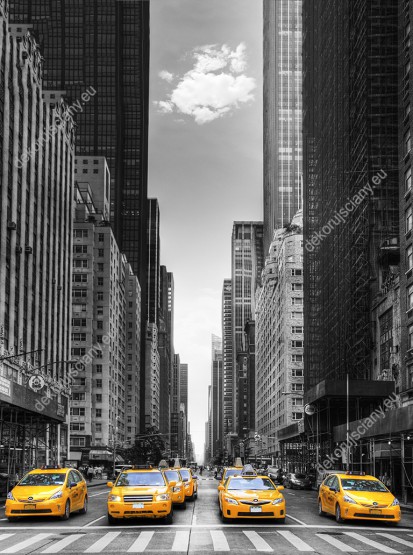 Wzornik obrazu przedstawia żółte samochody między wieżowcami, na ruchliwych ulicach Nowego Jorku. Obraz do pokoju dziennego, sypialni, salonu, biura, gabinetu, przedpokoju i jadalni