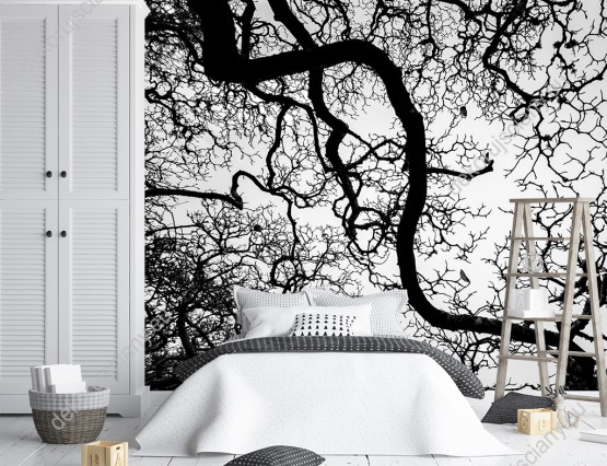 Wizualizacja czarno-białej fototapety z plątaniną gałęzi. Fototapeta do pokoju dziennego, sypialni, salonu, biura, gabinetu, przedpokoju i jadalni.