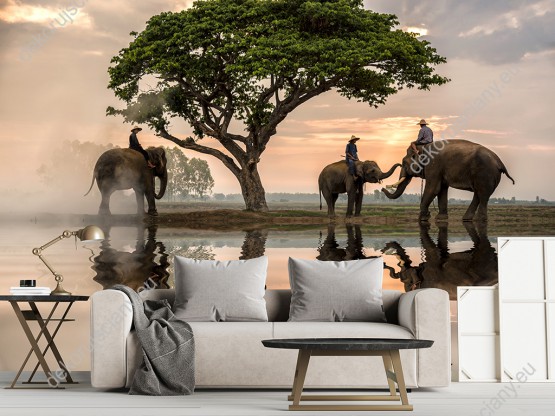 Wizualizacja fototapety z widokiem trzech słoni i siedzących na nich ludzi, stojących pod dużym drzewem. Pięknej scenerii towarzyszy również odbicie w tafli wody. Fototapeta do pokoju dziennego, dziecięcego, młodzieżowego, sypialni, salonu, biura 