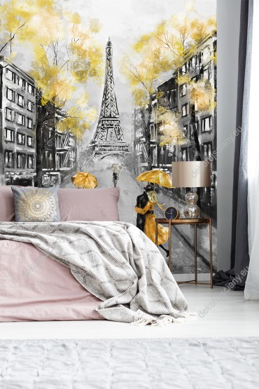 Wizualizacja, krajobraz europejskiego miasta Paryża z Wieżą Eiffla i spacerującymi ludźmi pod parasolami. 