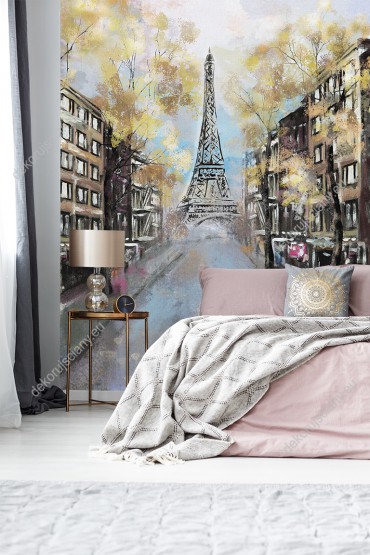 Wizualizacja fototapety z widokiem na puste ulice Paryża z wieżą Eiffela w tle, malowane farbami. Fototapeta do pokoju dziennego, młodzieżowego, sypialni, salonu, przedpokoju i jadalni.