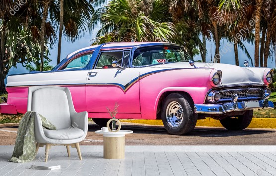 Wizualizacja fototapety z amerykańskim, samochodem w odcieniach różu, zaparkowany przy plaży na Kubie. Fototapeta do pokoju młodzieżowego, salonu, sypialni, pokoju dziennego, gabinetu, biura.