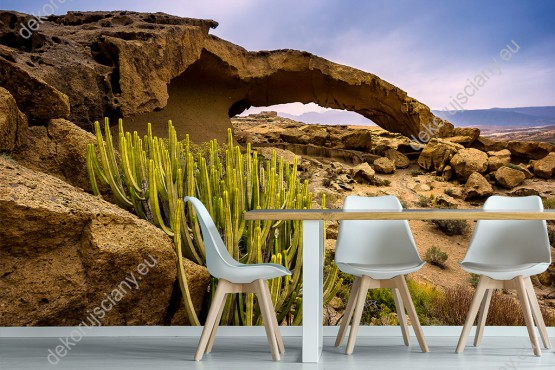 Wizualizacja fototapety z widokiem kamiennego łuku wśród skał i pustynnej roślinności w Hiszpanii. Fototapeta do pokoju dziennego, sypialni, salonu, biura, gabinetu, przedpokoju i jadalni.