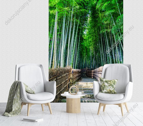 Wizualizacja fototapety powiększająca optycznie pomieszczenie z motywem bambusowego, zielonego lasu. Fototapeta do sypialni, salonu, pokoju wypoczynkowego i młodzieżowego, biura oraz gabinetu.
