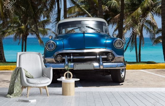 Wizualizacja fototapety z amerykańskim samochodem, marki Chevrolet, zaparkowany przy plaży na Kubie. Fototapeta do pokoju młodzieżowego, salonu, sypialni, pokoju dziennego, gabinetu, biura.