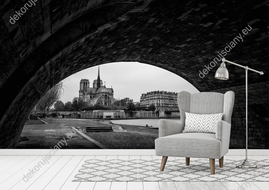 Wizualizacja czarno-białej fototapety z widokiem na katedrę Notre Dame w Paryżu. Fototapeta do pokoju dziennego, sypialni, salonu, biura, gabinetu, przedpokoju i jadalni.
