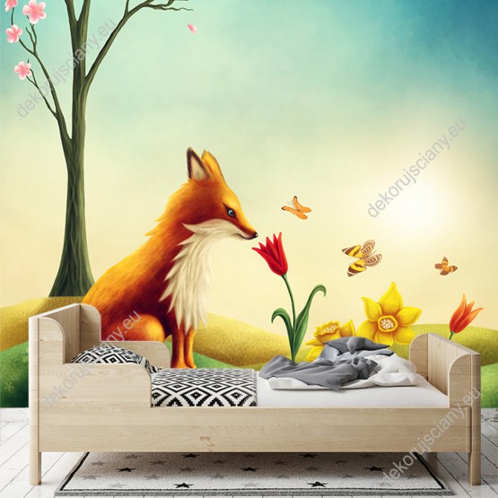 Wizualizacja fototapety do pokoju dziecięcego z wiosenną aurą przedstawiająca rudego lisa na łące, wśród wiosennych kwiatów i motyli.