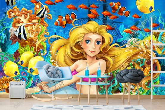 Wizualizacja fototapety do pokoju dziecięcego. Fototapeta z syrenką pływającą wśród kolorowych rybek z podwodnego królestwa.