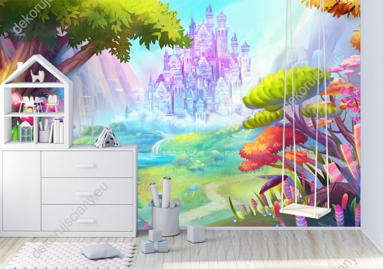 Wizualizacja fototapety do pokoju dziecięcego. Fototapeta z motywem zaczarowanego lasu magicznego zamku bajkowej księżniczki.