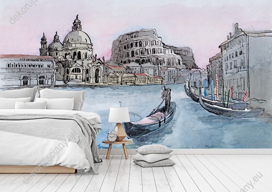 Wizualizacja fototapety z gondolierem płynącym gondolą po kanałach Wenecji, malowane farbami krajobrazy Włoch. Fototapeta do pokoju dziennego, młodzieżowego, sypialni, salonu, biura, gabinetu, przedpokoju i jadalni.