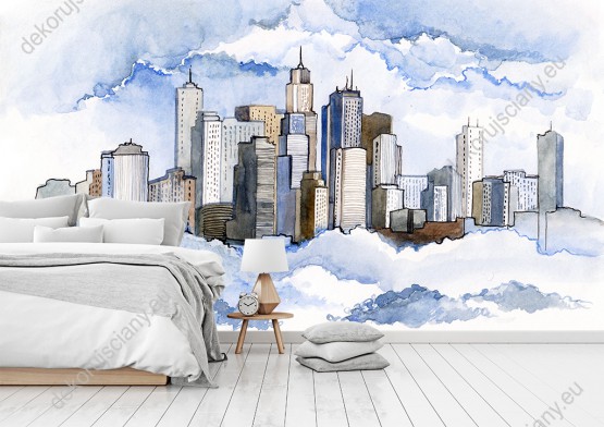 Wizualizacja fototapety do pokoju dziennego, dziecięcego, młodzieżowego, sypialni, salonu, biura. Fototapeta z widokiem na malowane miasto wśród chmur.
