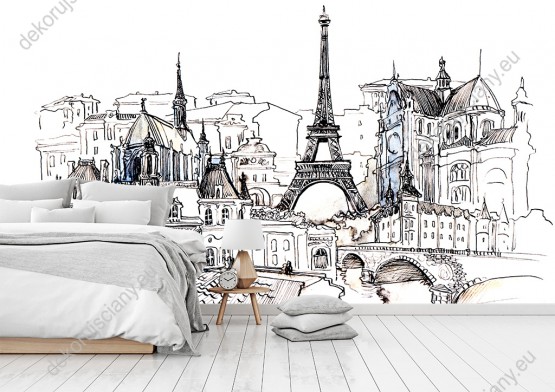Wizualizacja fototapety z widokiem na ulice Paryża z wieżą Eiffla w samym sercu miasta. Fototapeta do pokoju dziennego, młodzieżowego, sypialni, salonu, biura, gabinetu, przedpokoju i jadalni.