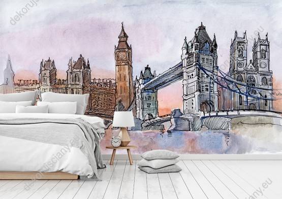 Wizualizacja fototapety przedstawia Big Ben i londyńskie mosty na malowanym farbami obrazie Anglii. Fototapeta do pokoju dziennego, młodzieżowego, sypialni, salonu, biura, gabinetu, przedpokoju i jadalni.