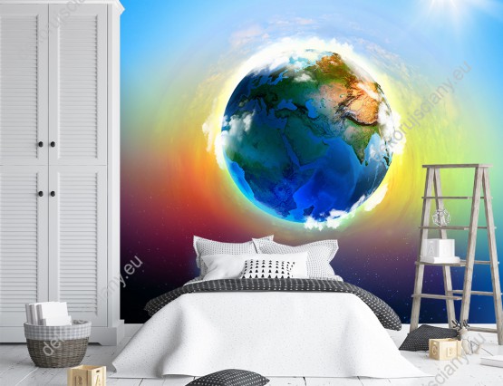 Wizualizacja fototapety do pokoju dziecięcego i młodzieżowego z planetą ziemią, słońcem i księżycem, na kolorowym tle.