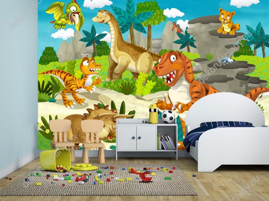 Wizualizacja fototapety do pokoju dziecięcego przedstawiająca prehistoryczny świat kreskówkowych dinozaurów.
