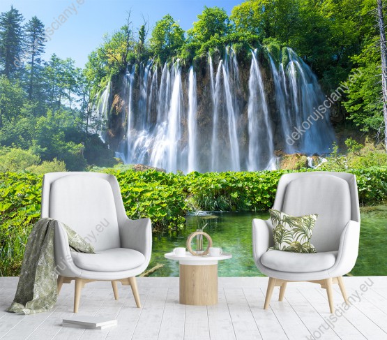 Wizualizacja fototapety z wodospady w Parku Narodowy Plitvicer Lakes, w Chorwacji. Fototapeta do salonu, sypialni, pokoju dziennego, gabinetu, biura, przedpokoju.