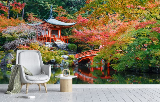Wizualizacja fototapety z widokiem na świątynie i jesienny las w Japonii. Fototapeta do salonu, sypialni, pokoju dziennego, gabinetu, biura, przedpokoju.