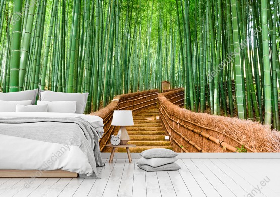 Wizualizacja, długie schody tworzące most w lesie bambusowym. Fototapeta optycznie powiększa małe pokoje, salony, sypialnie, gabinety czy biura. Miejsce - Kioto, Japonia.