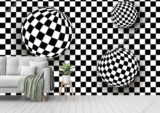 Wizualizacja fototapety z efektem 3D przedstawia szachowe kule na tle biało-czarnej kraty. Fototapeta do pokoju dziennego, młodzieżowego, sypialni, salonu, biura, gabinetu, przedpokoju i jadalni.