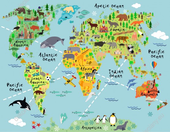 Wzornik fototapety do pokoju dziecięcego przedstawiająca kolorową mapę świata ze zwierzętami i charakterystycznymi elementami różnych krajów.