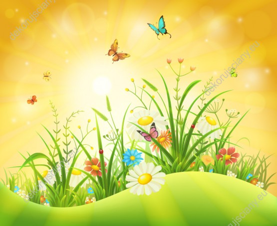 Wzornik fototapety do pokoju dziennego, dziecięcego i sypialni. Fototapeta z widokiem łąki pełnej kolorowych, wiosennych kwiatów i motyli w jasnych promieniach słońca.